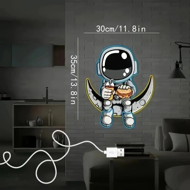 Astronaut-shaped wall-mounted neon light with USB power cord in blue or white colour options