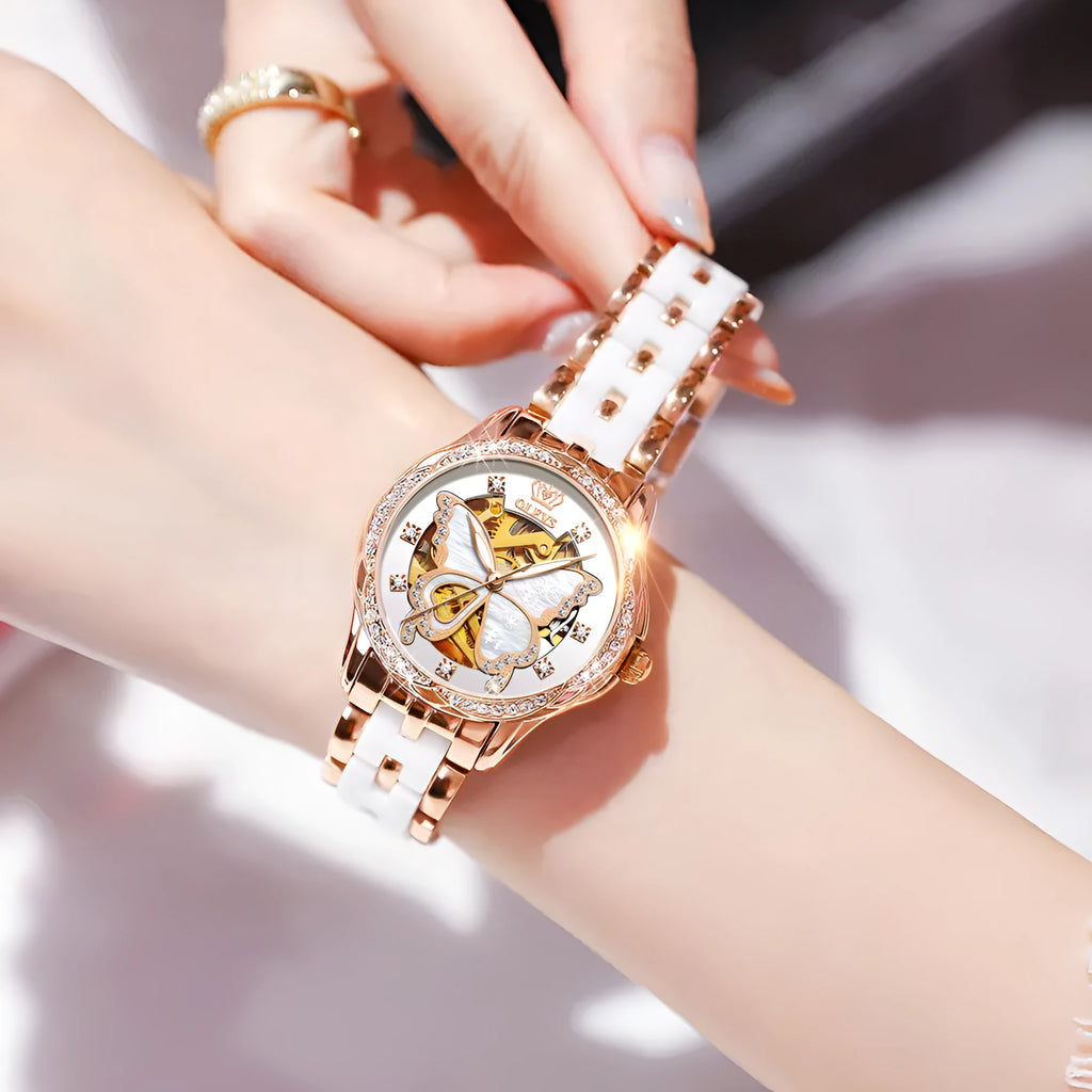 Ladies automatic mechanical watch gift box set with luminous digital display, 35mm dial, and flat top tapered crown on a white rose shell design.