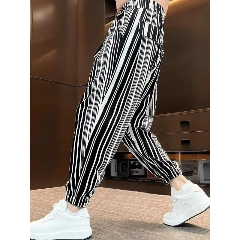 Men's ankle-tied cropped ice silk polyester fibre pants in dark gray with striped pattern