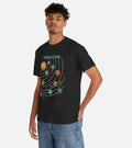 Black cotton loose short sleeves round neck T-shirt for men and women on plain background