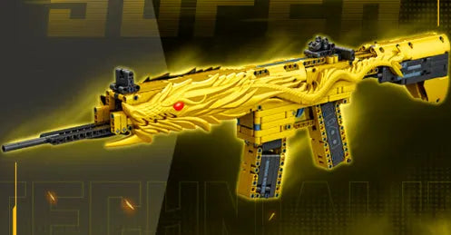 Golden Sand Eagle M416 rifle toy model made from small plastic building blocks, colour box packaging, for teenagers