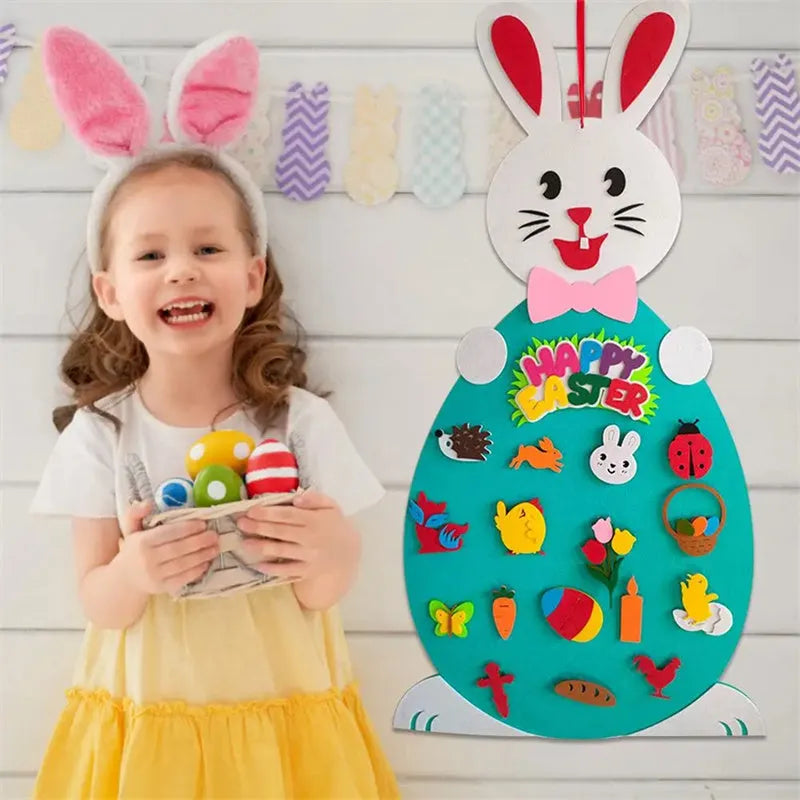 Easter DIY felt bunny pendant with detachable egg patches and letters on a light pink background