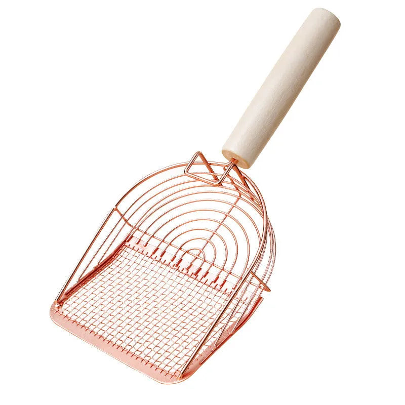 Stainless steel cat litter scoop with wooden handle for pet waste removal and litter box cleaning