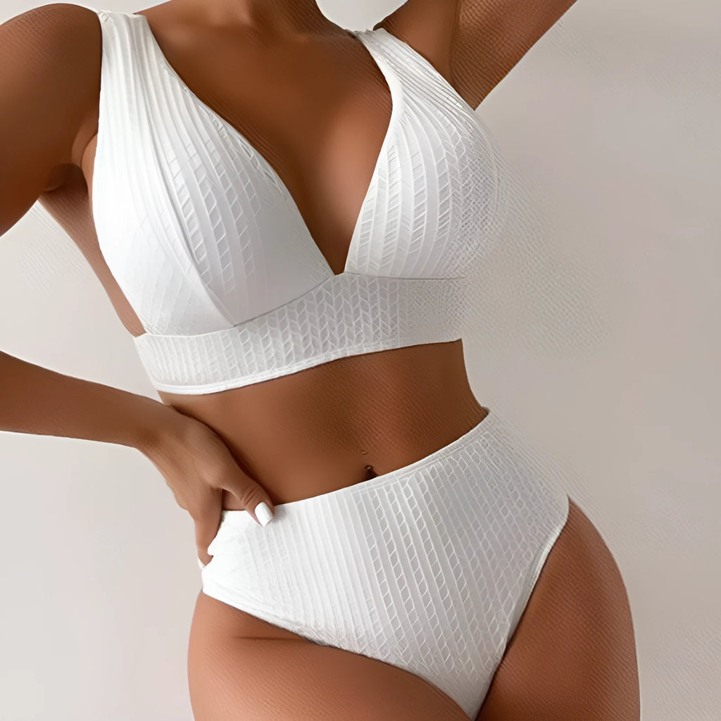 White backless bikini swimsuit set on a mannequin, showing front and back views.