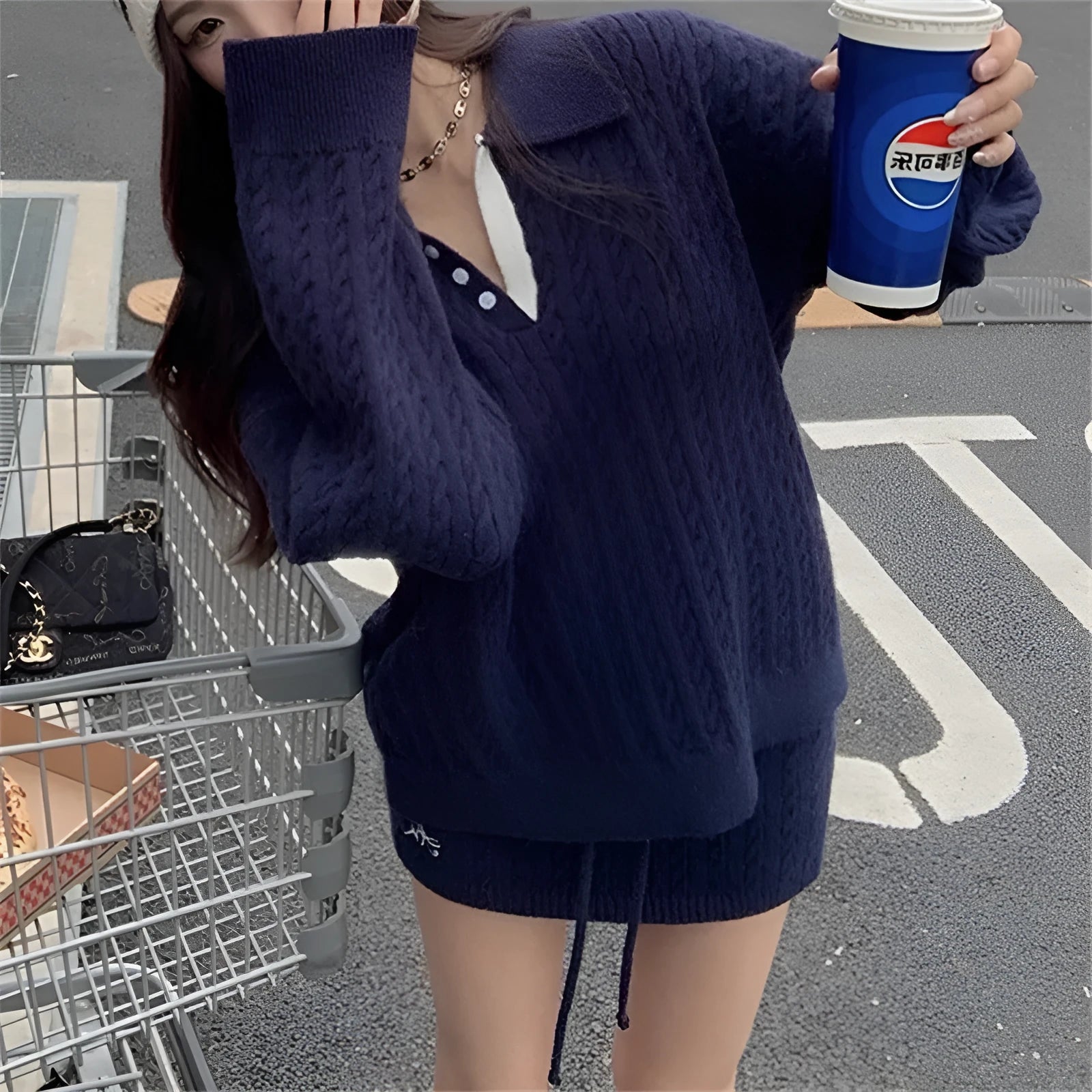 Korean-style academic twist knit skirt set in beige and blue colour blocking with long sleeve top and short skirt