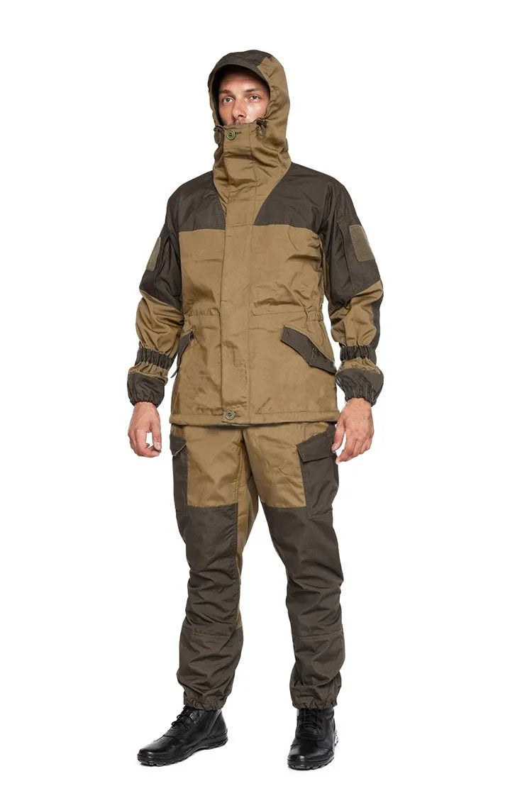 Men's Special Forces tactical combat uniform in cotton blend, featuring jacket and trousers, shown in camouflage green.