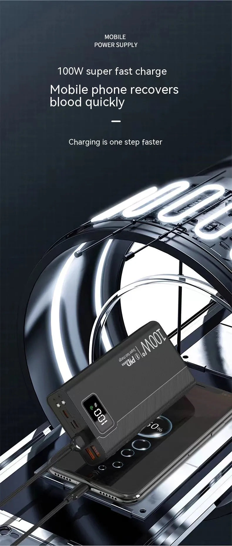 Large capacity power bank in black plastic casing with dimensions 150mm by 76mm