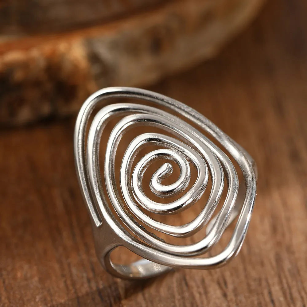 Geometric spiral laid open ring in stainless steel for men and women, retro high sense style, two colours