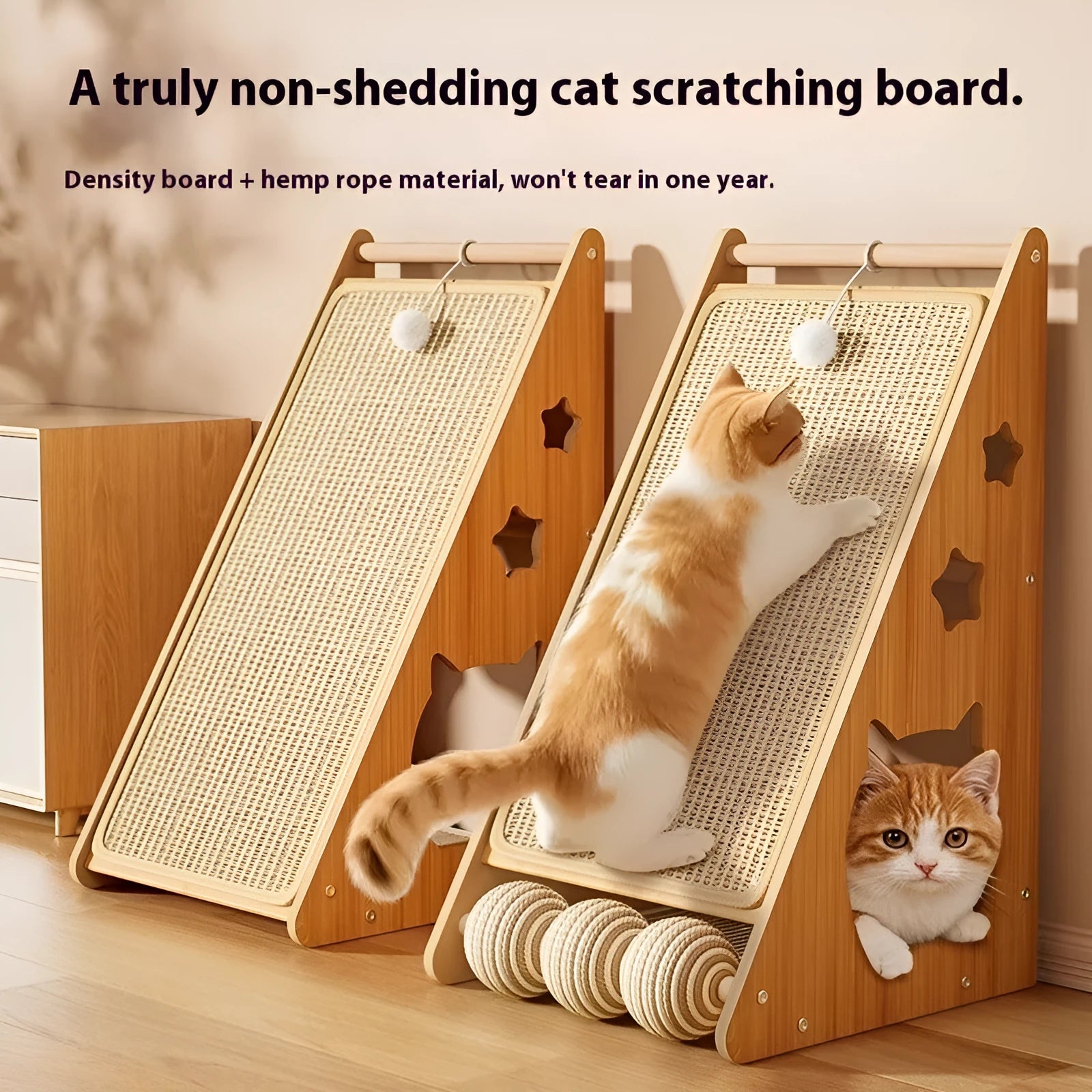 Vertical wall-mounted cat scratch board with sisal surface and a cat teasing ball.
