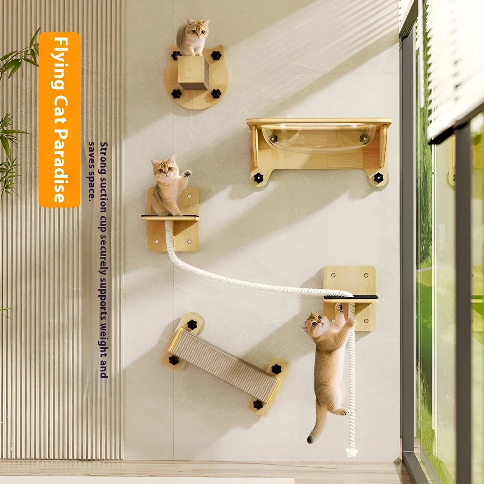 Suspended cat scratching post accessory in sisal, showing space capsule design hanging from a cat climbing frame by a rope.