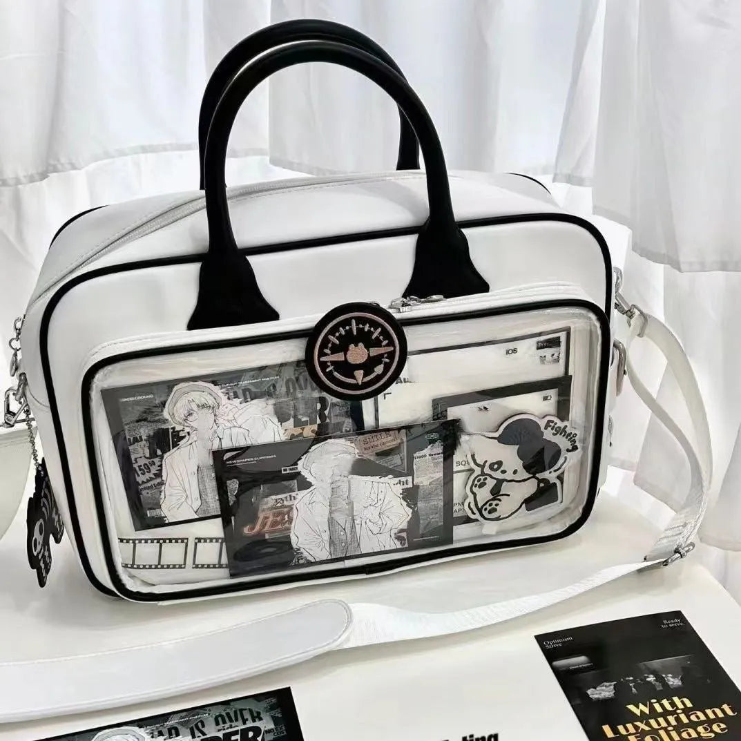 One shoulder crossbody bag PU large capacity 42x24cm black horizontal square style with outer pocket
