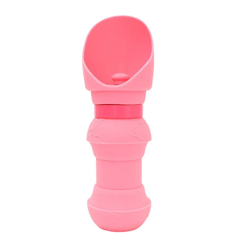 Soft silicone pet folding water cup shown in a choice of colours, collapsed and expanded next to a dog lead.