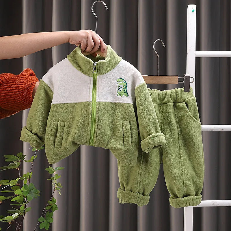 Boys and girls fleece-lined suit with nylon outer and plaid design in green, black, and beige colours