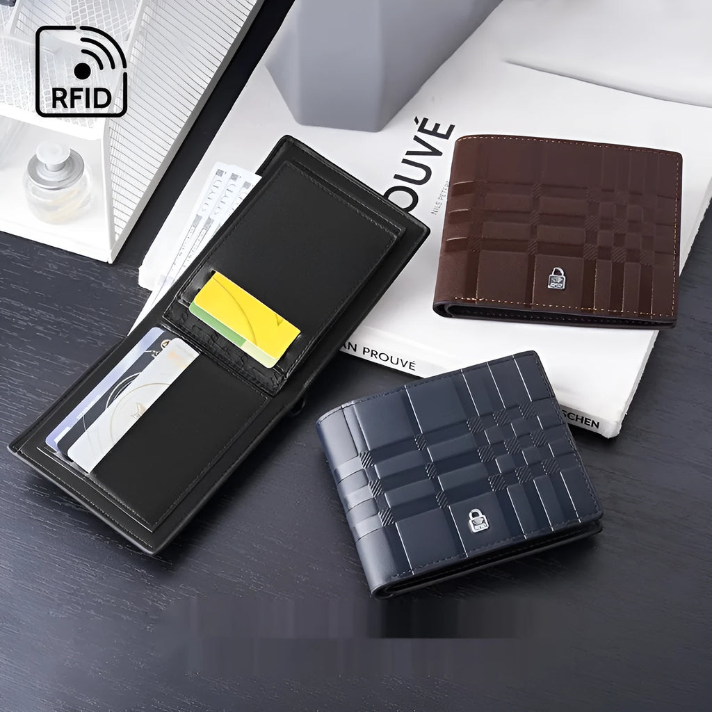 Men's PU wallet with multiple card slots, thin striped design, urban simplicity style, black box colour