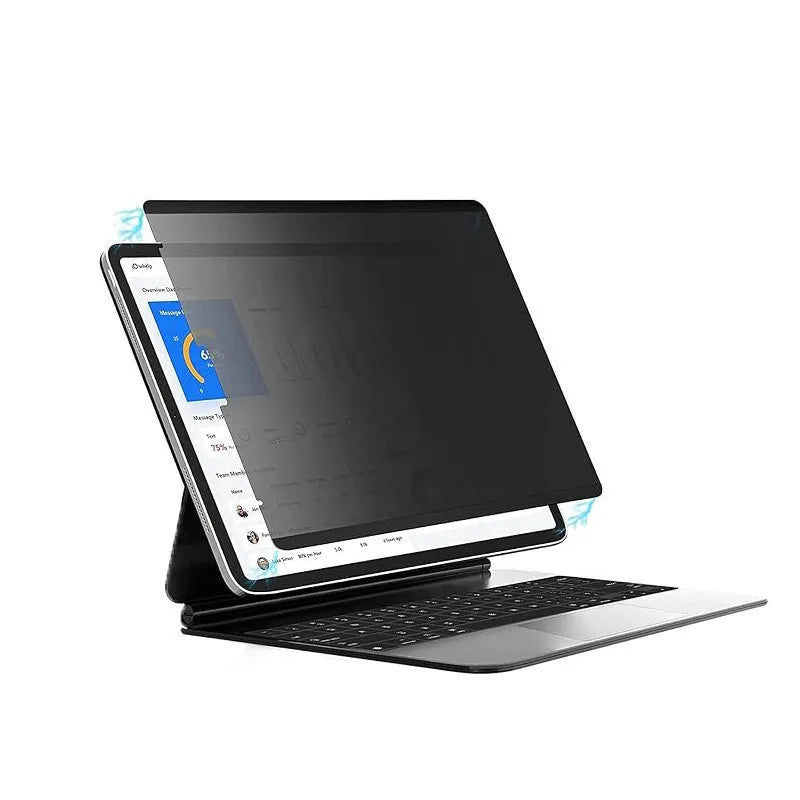 Magnetic anti peeping film and storage clip for iPad on a table