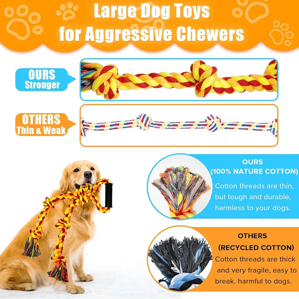 Blue and yellow durable cotton rope tug toy for large dogs with a non-slip handle