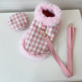 Pink polyester cat costume set with cape, beret and hand-holding rope leash in sizes XS to XL