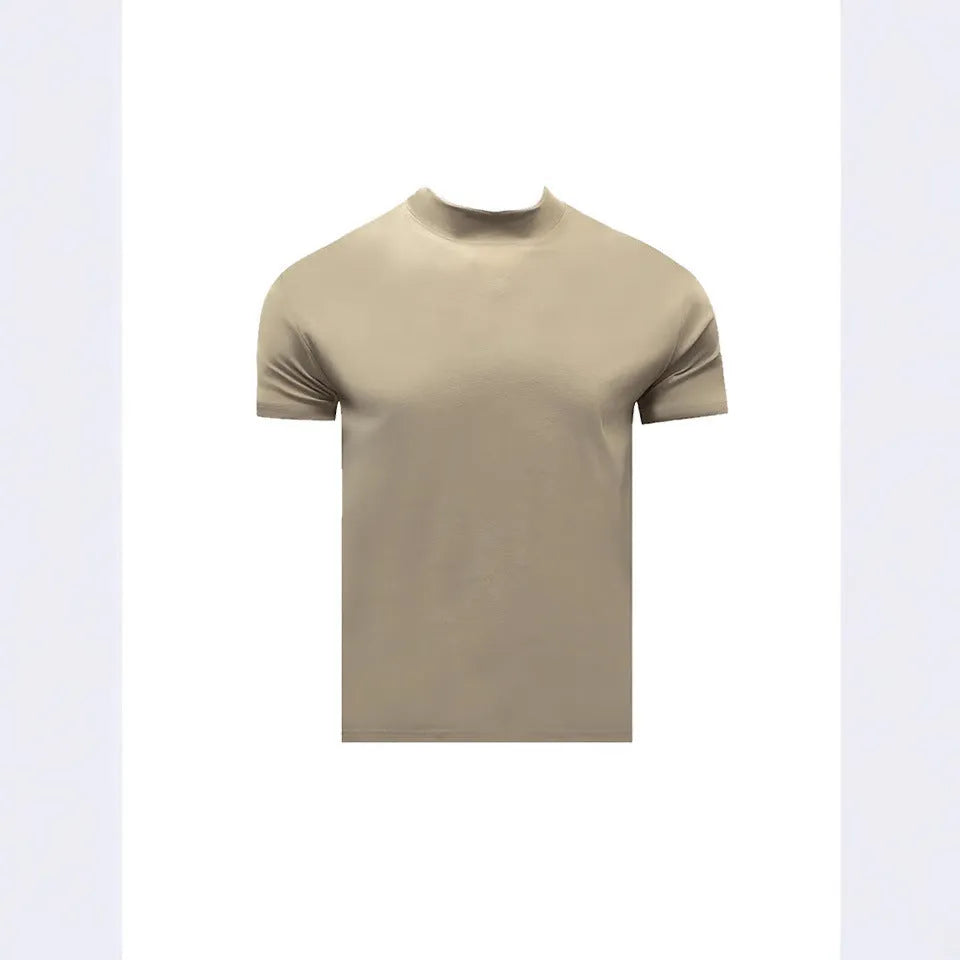 Men's cotton short sleeve t-shirt with half turtleneck and drop-shoulder sleeves in solid colour