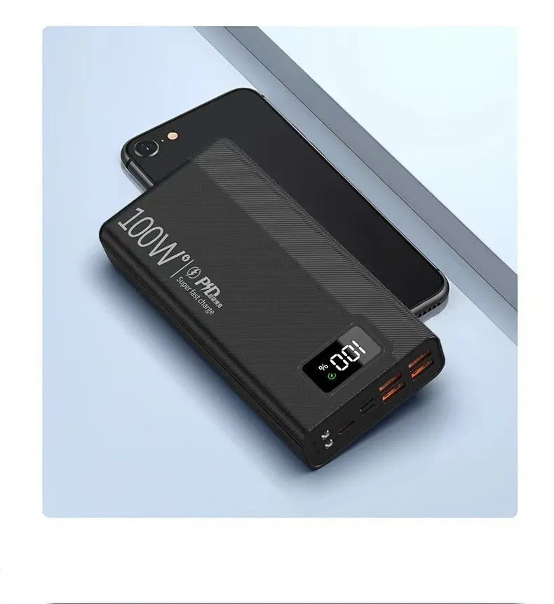 Large capacity power bank in black plastic casing with dimensions 150mm by 76mm