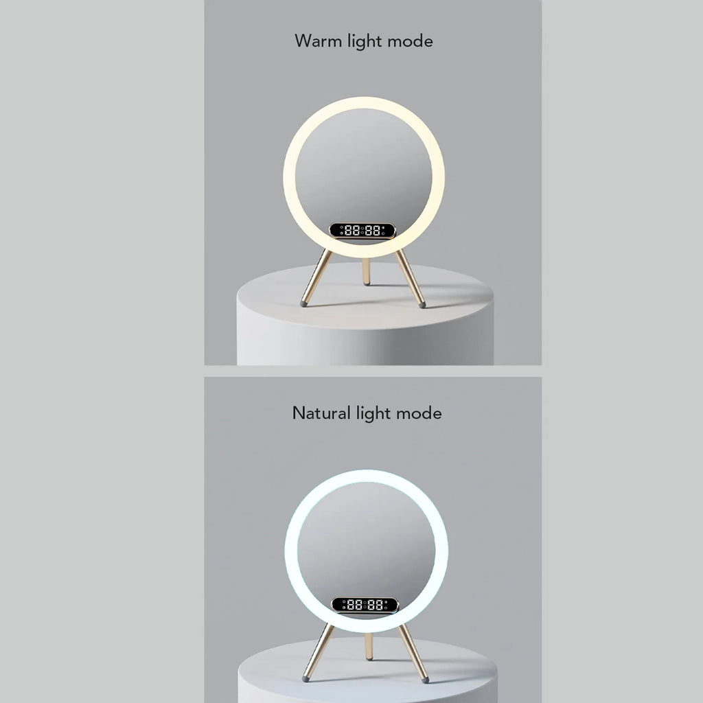 Multi-function LED mirror alarm clock with wireless charger and Bluetooth speaker in white and blue