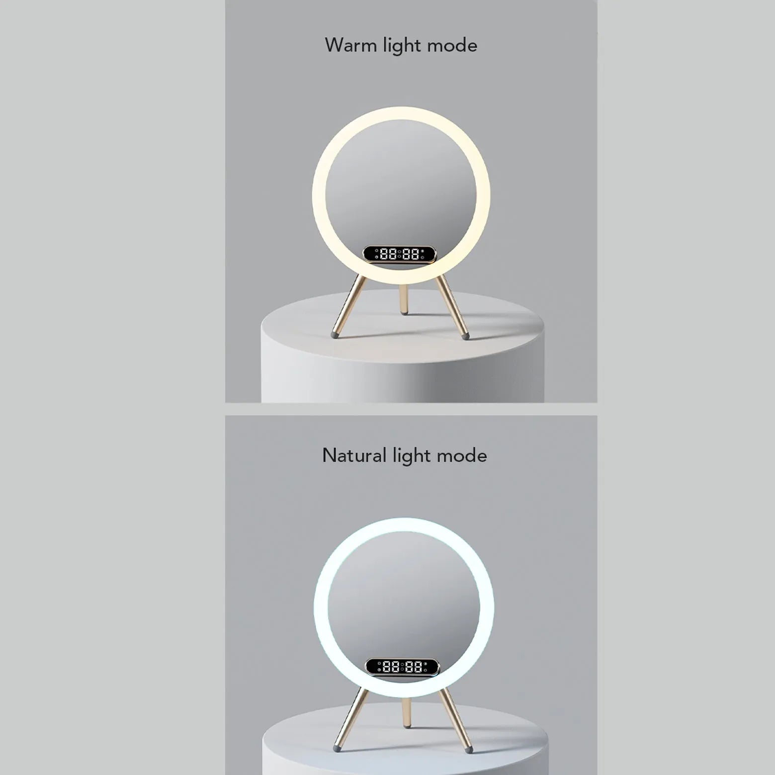 Multi-function LED mirror alarm clock with wireless charger and Bluetooth speaker in white and blue