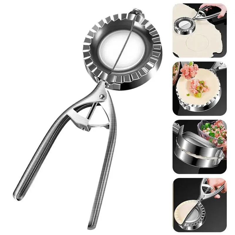 Silver stainless steel kitchen dumpling mould with handle for manual pressing