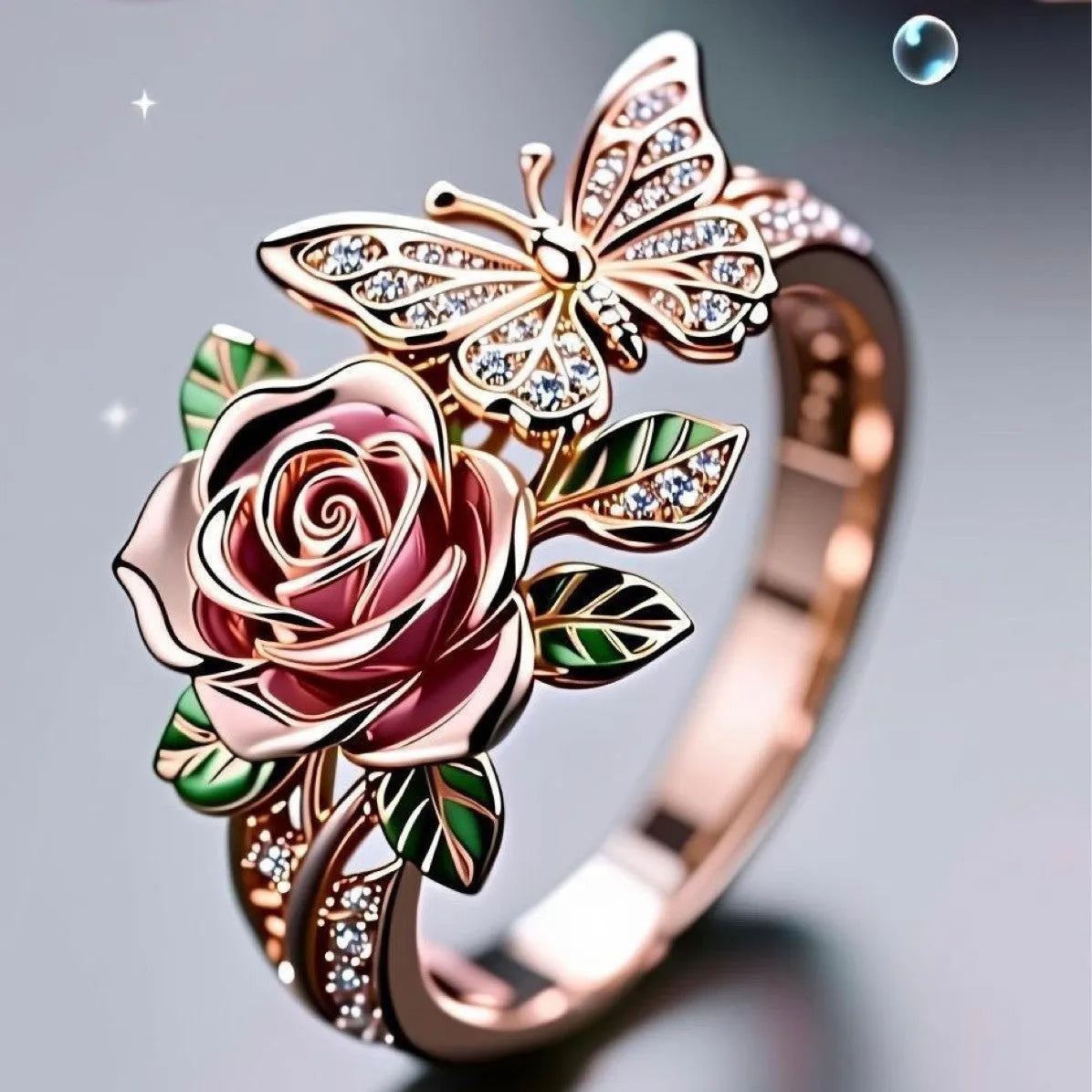 Adjustable colourful alloy ring with drip oil finish, featuring flower, insect, and leaf designs in a fairy style.