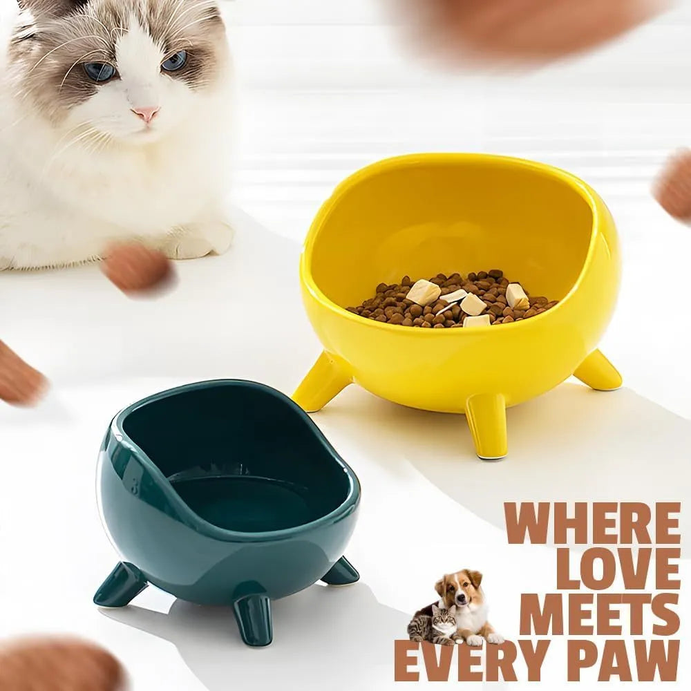 Green ceramic pet bowl with four legs and wide mouth design