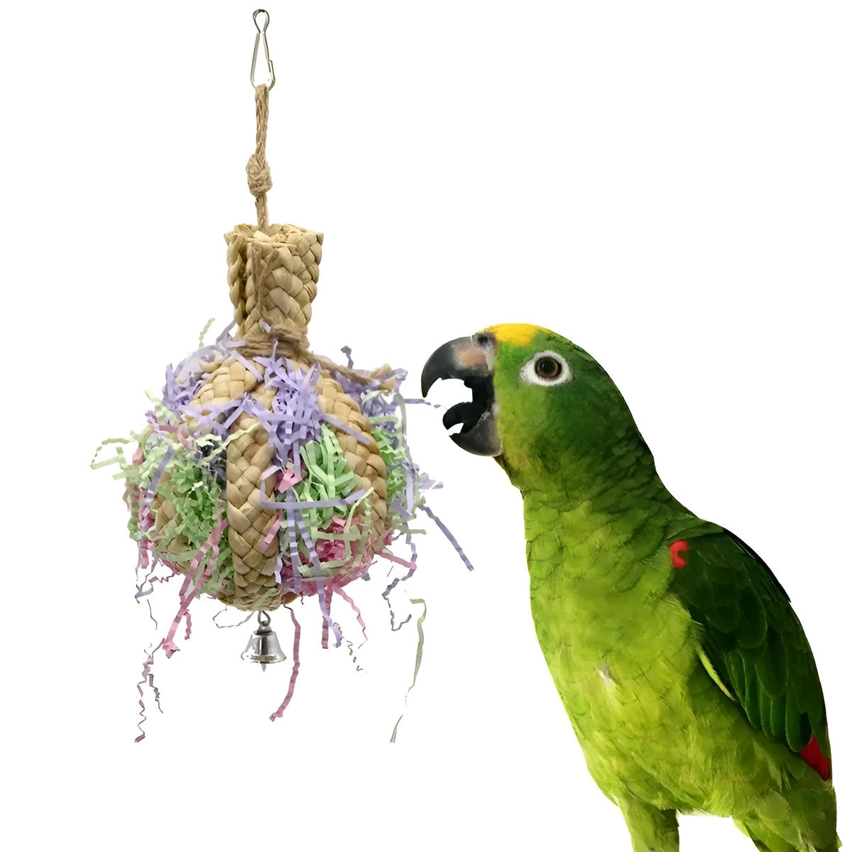 Parrot straw rope toy made from straw paper, approximately 15cm diameter and 23cm long