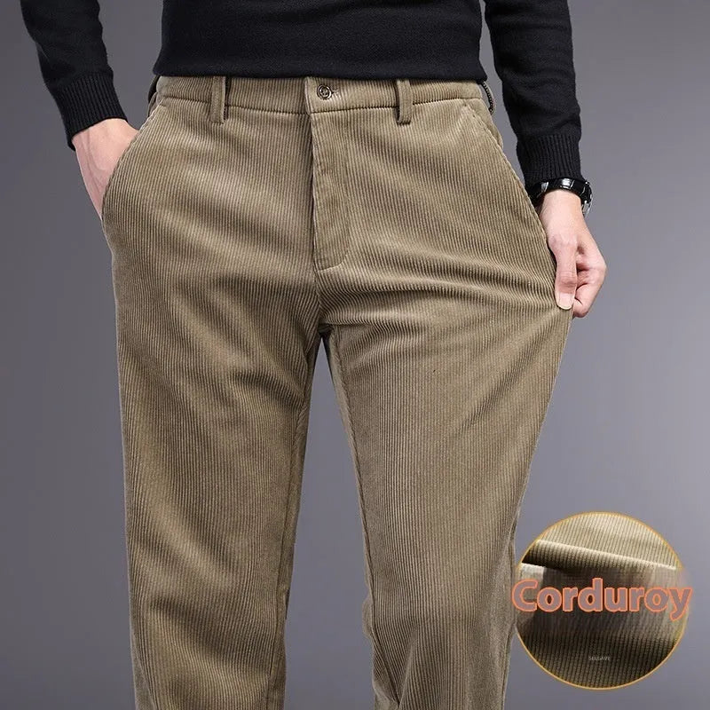 British retro style striped straight-leg trousers in a khaki colour, showing zip fly and classic cut.