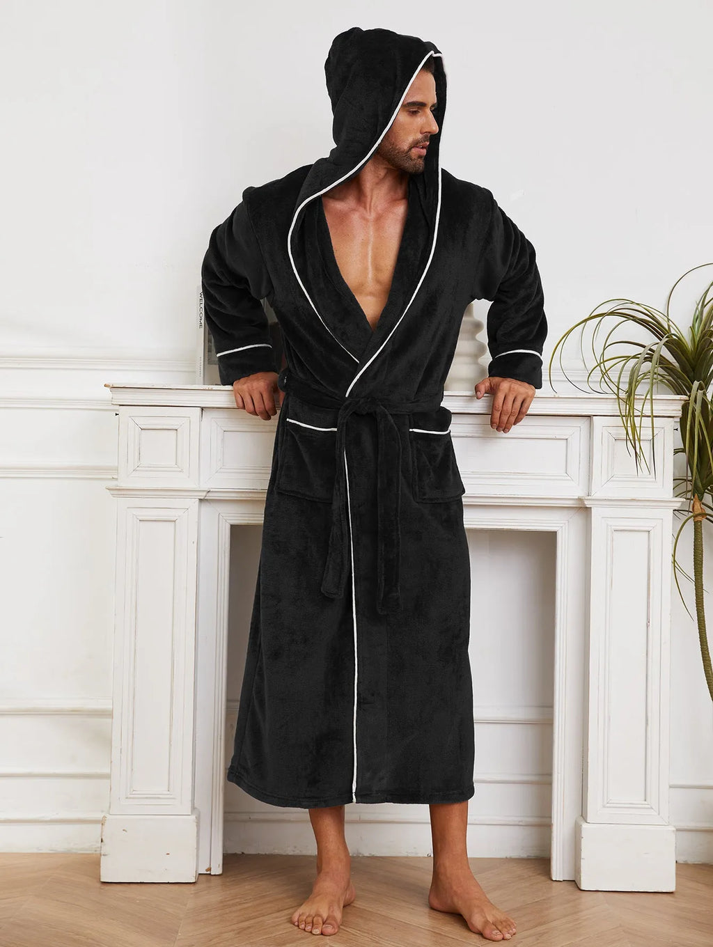 Man wearing a light grey flannel bathrobe in a European style for winter.