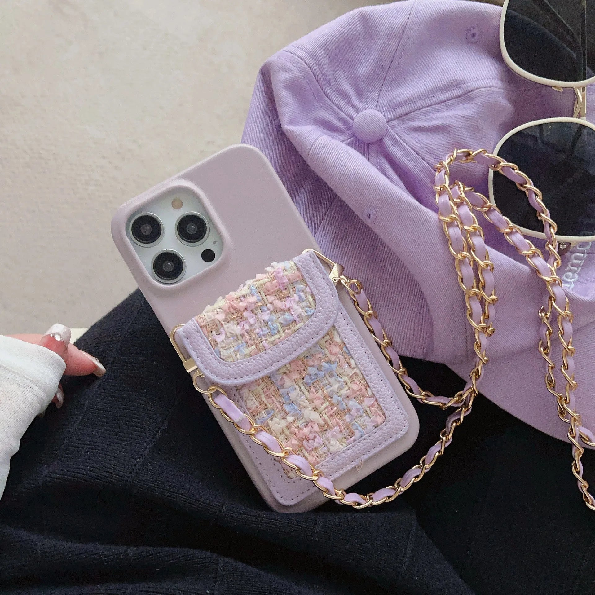 PU leather crossbody chain card holder phone case for iPhone, woven pattern, frosted finish, black colour option