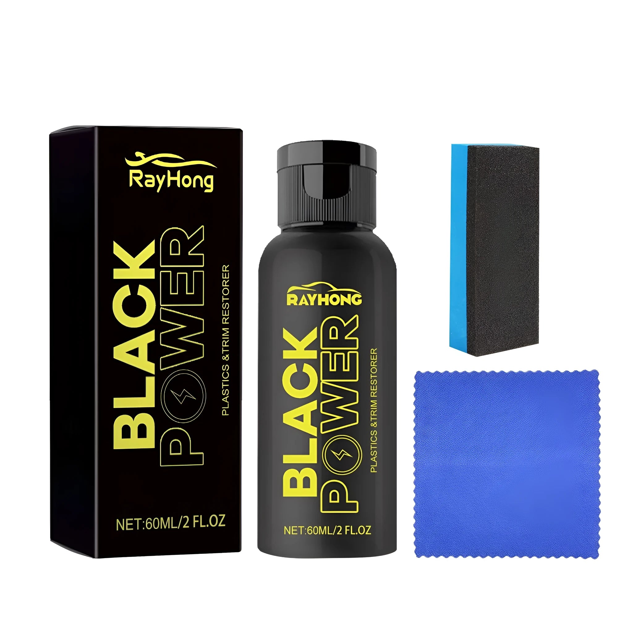 Automotive plastic refurbishment kit with 60ml bottle, sponge applicator, and microfibre cloth