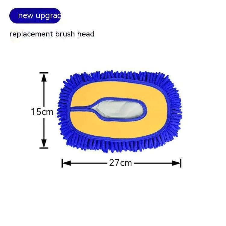 Telescopic curved rod car cleaning brush with aluminium chenille head, shown with a spare brush head, in blue and yellow colours.