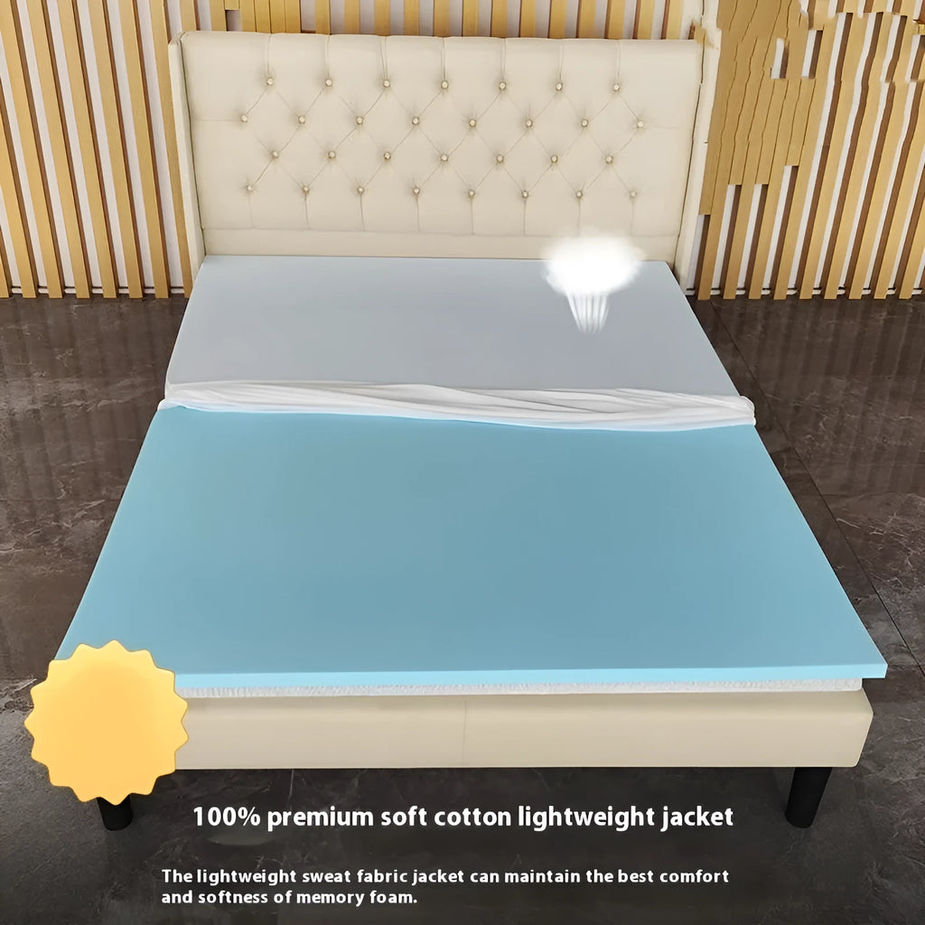 Thin gel memory cotton mattress on a tatami mat, showing 2cm, 3cm, and 5cm thickness options.