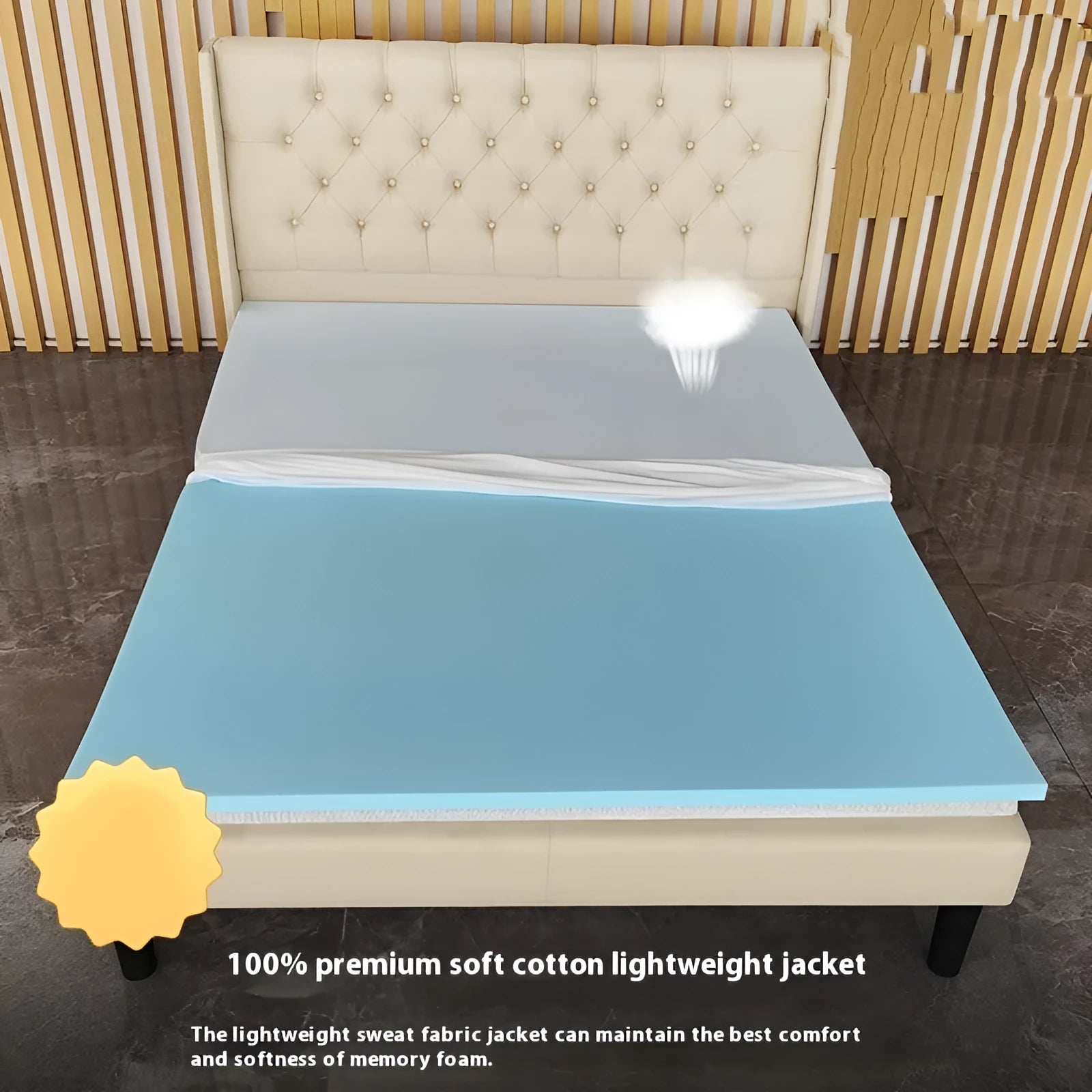 Thin gel memory cotton mattress on a tatami mat, showing 2cm, 3cm, and 5cm thickness options.
