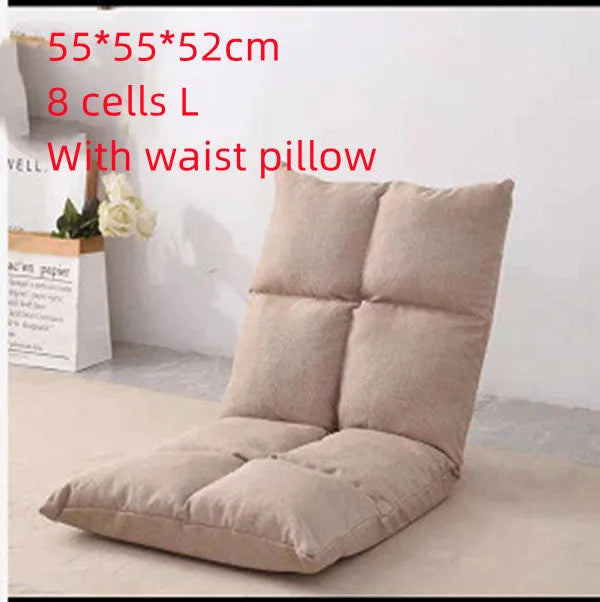 Beige lazy sofa floor chair with adjustable backrest on living room floor showing six-angle mechanism