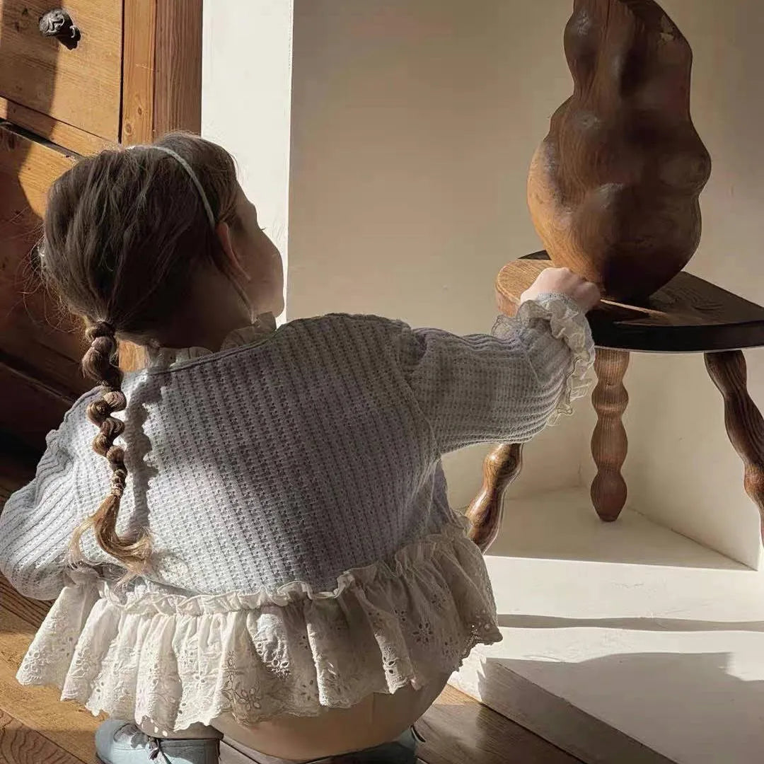 Girls' mori style three-piece suit with knitted cardigan, beige shirt, and patchwork wide-leg pants