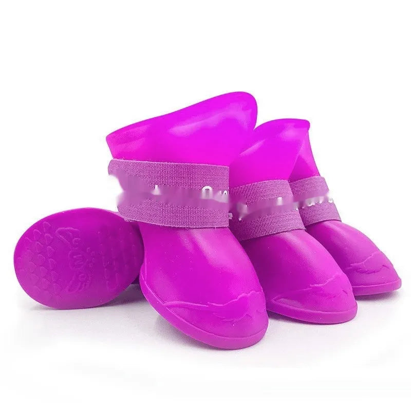 Rubber pet rain shoes in multiple colours with soft-soled anti-slip design for waterproof paw protection