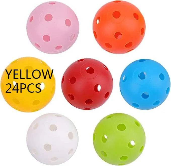 Assorted multi-colour 42mm golf practice balls with a net bag, shown next to practice putting holes.