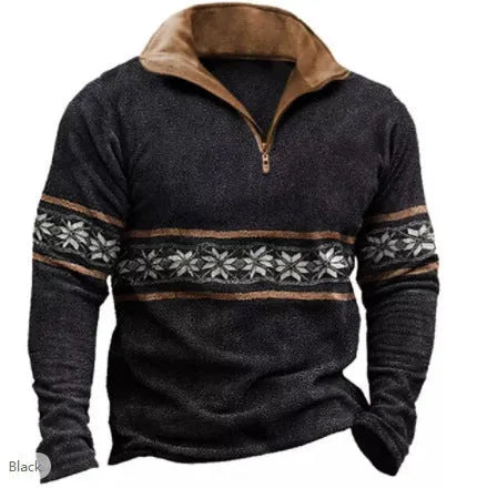 Man wearing a loose-fit, striped, long-sleeve t-shirt with retro colour printing and zipper decorations.
