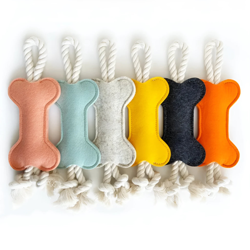 Bone-shaped dog training rope toy with knot construction in felt fabric