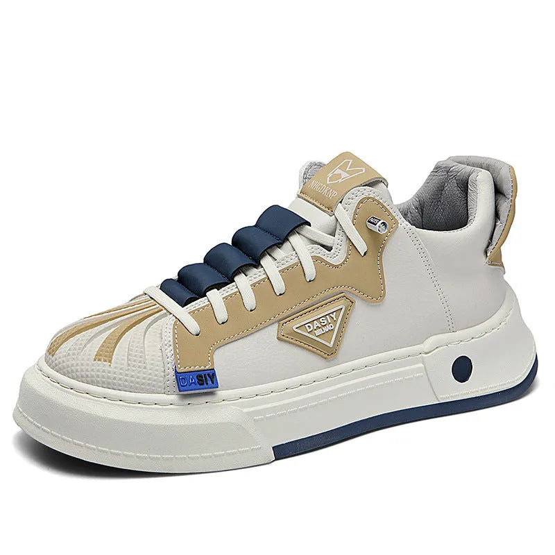 Men's beige and black low-top casual sneakers with elastic band fastening and mesh lining.