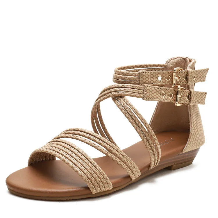 Women's open toe thick bottom sandals with cross Roman straps, back zipper, and non-slip rubber sole in black
