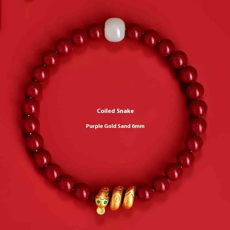 Handmade Chinese cinnabar bracelet with snake zodiac beads in 6mm or 8mm sizes