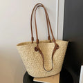 Large capacity woven shoulder bag in milky white or khaki, dual-use hand-carrying tote, horizontal square shape