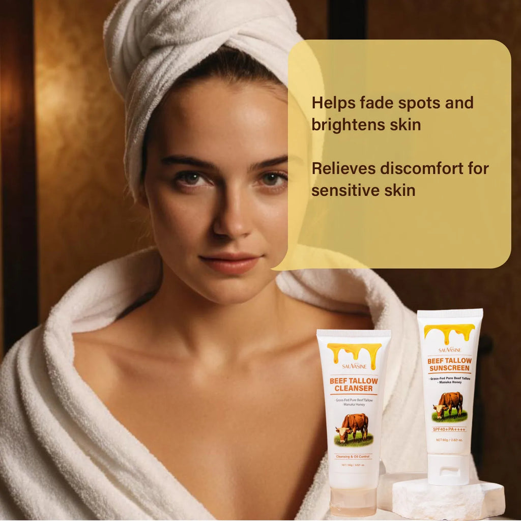 Butter Honey 7-piece skincare set showing facial cleanser, face cream, lip balm, protective cream, body lotion, facial scrub and beef tallow