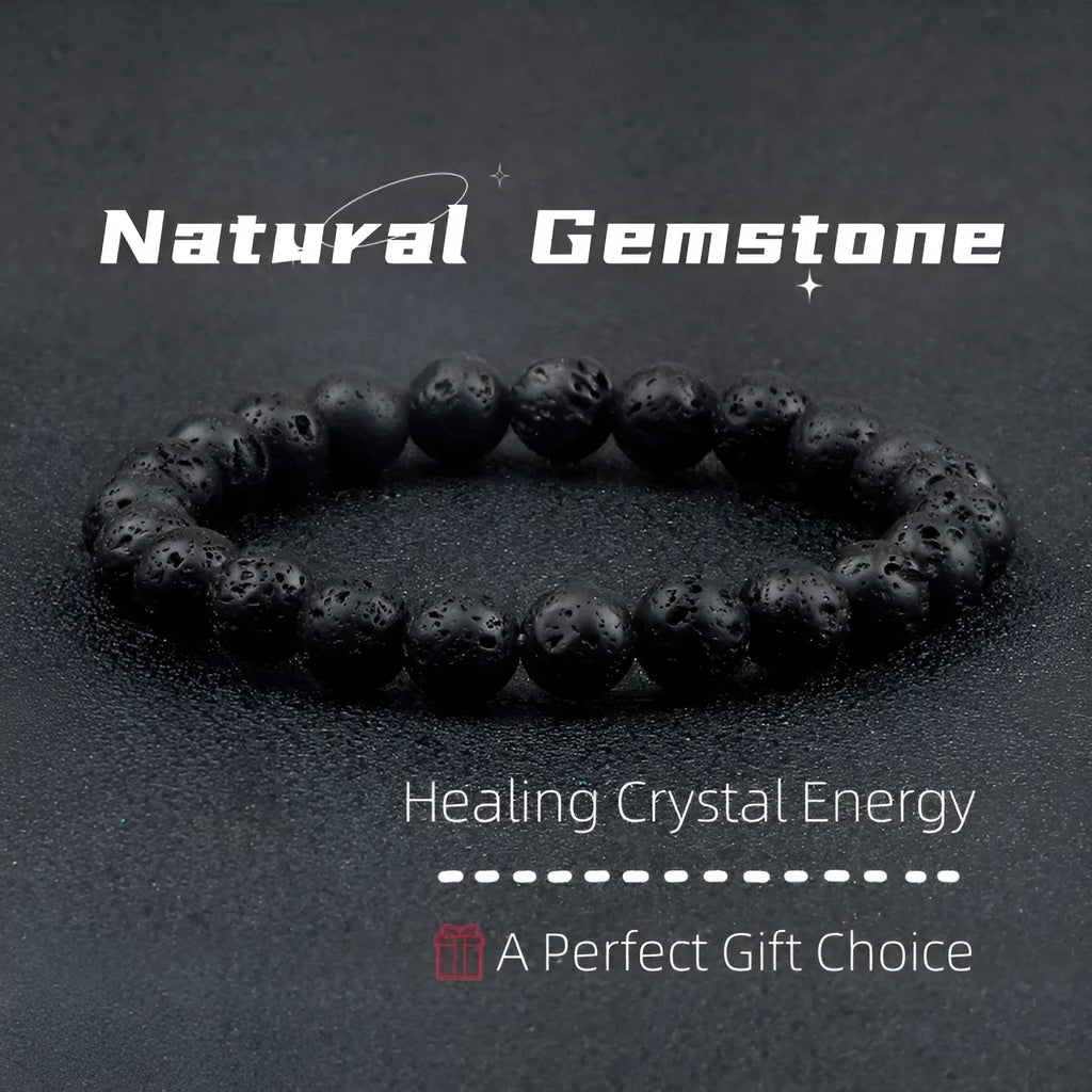 Natural volcanic stone beads bracelet black lava unisex electroplated black matte gold dumbbell detail