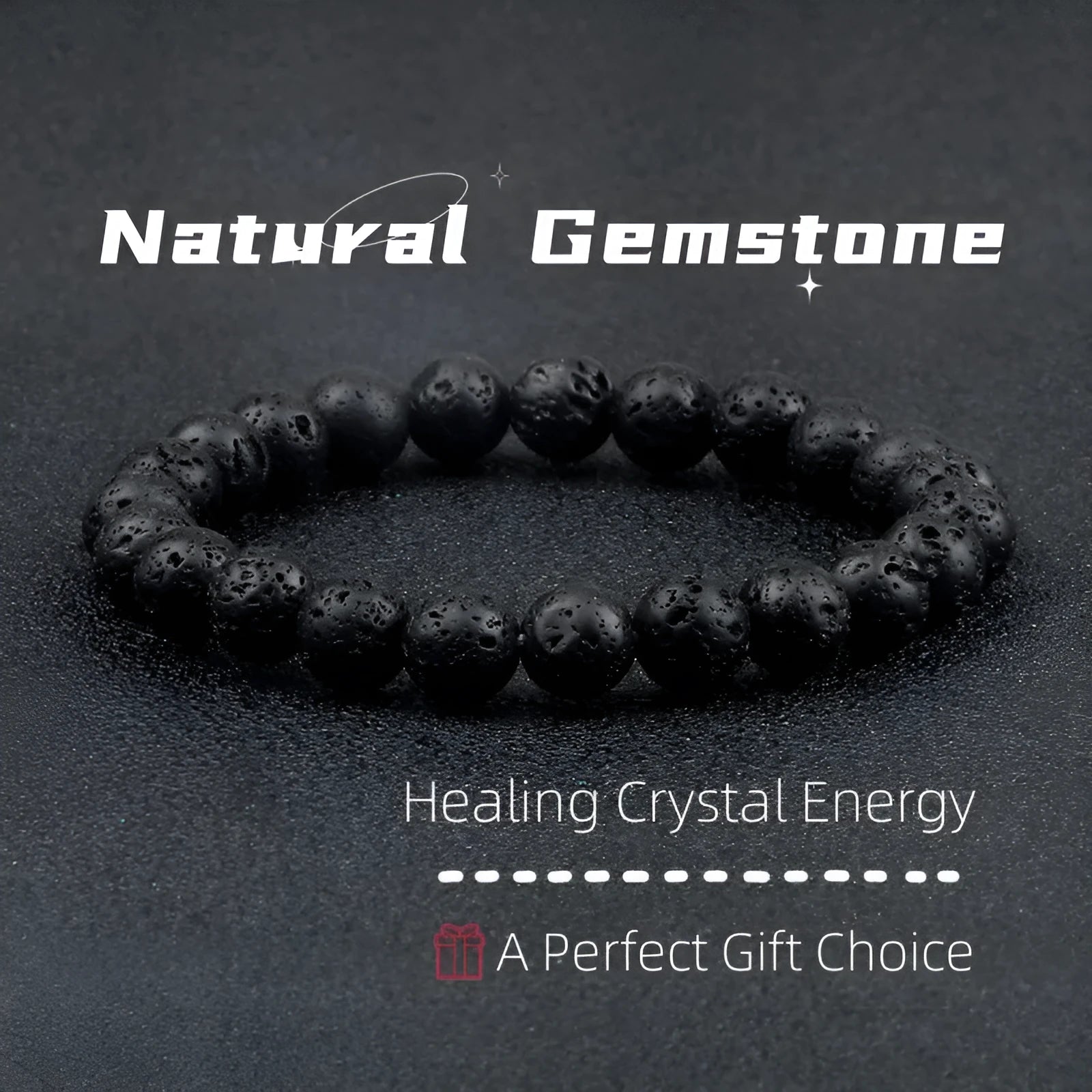 Natural volcanic stone beads bracelet black lava unisex electroplated black matte gold dumbbell detail