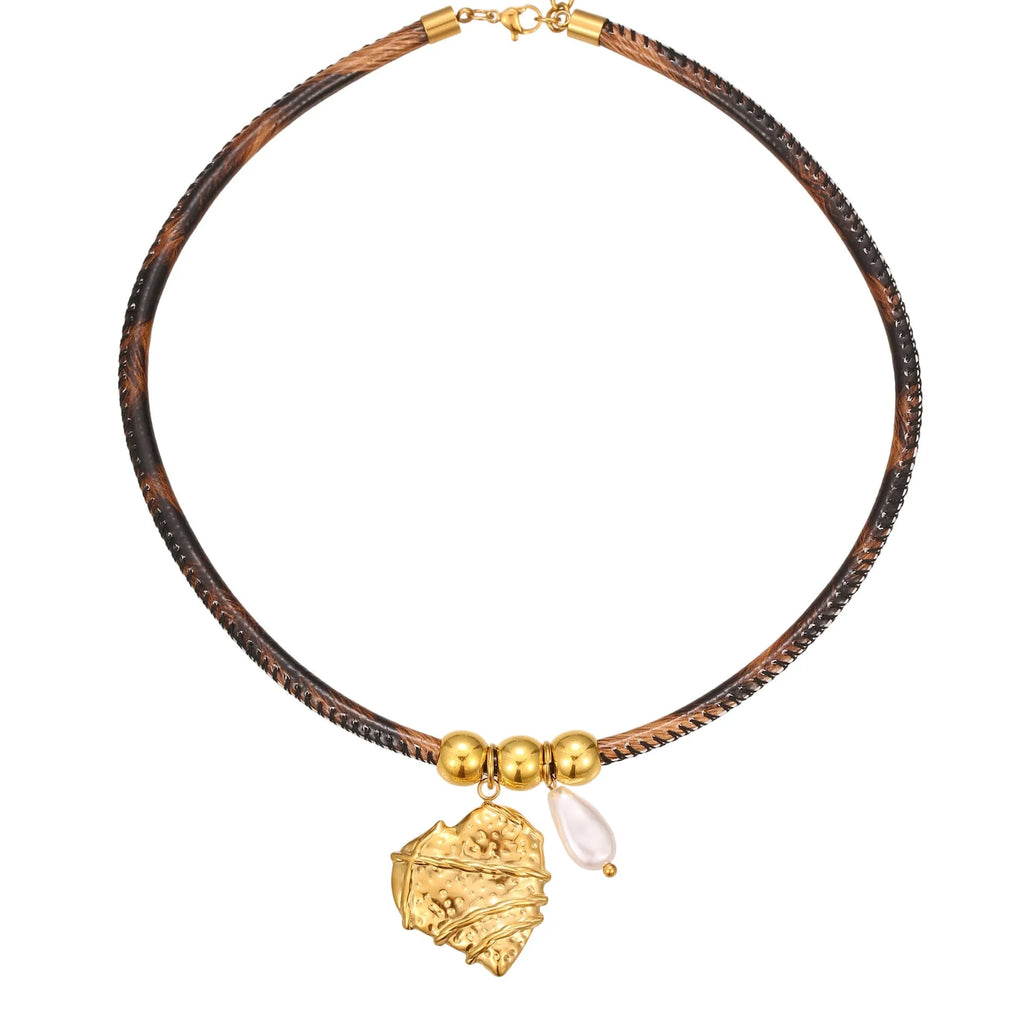 Geometric leopard leather pendant on stainless steel necklace with adjustable 41-50cm chain